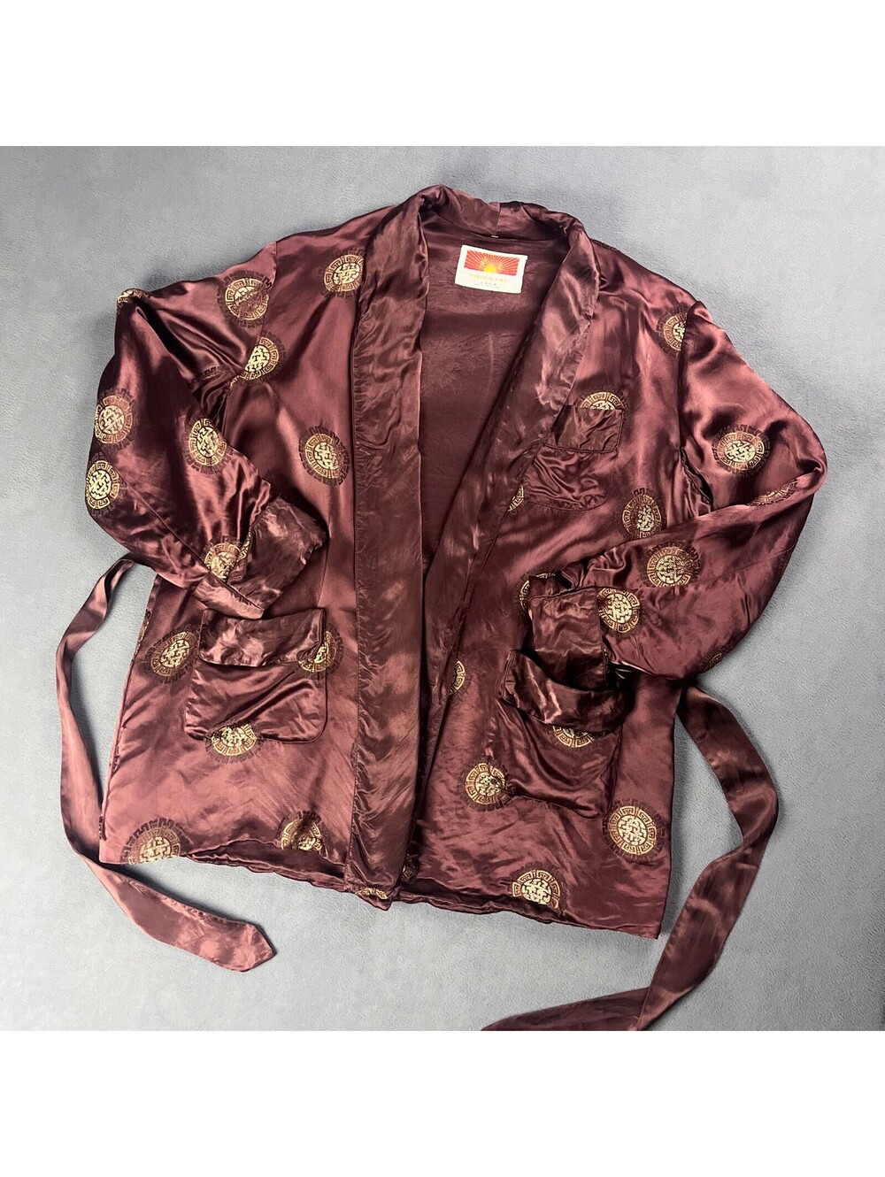 Vintage Men's Oriental Smoking Jacket, Brown Rayon Silk with Gold Embroidery